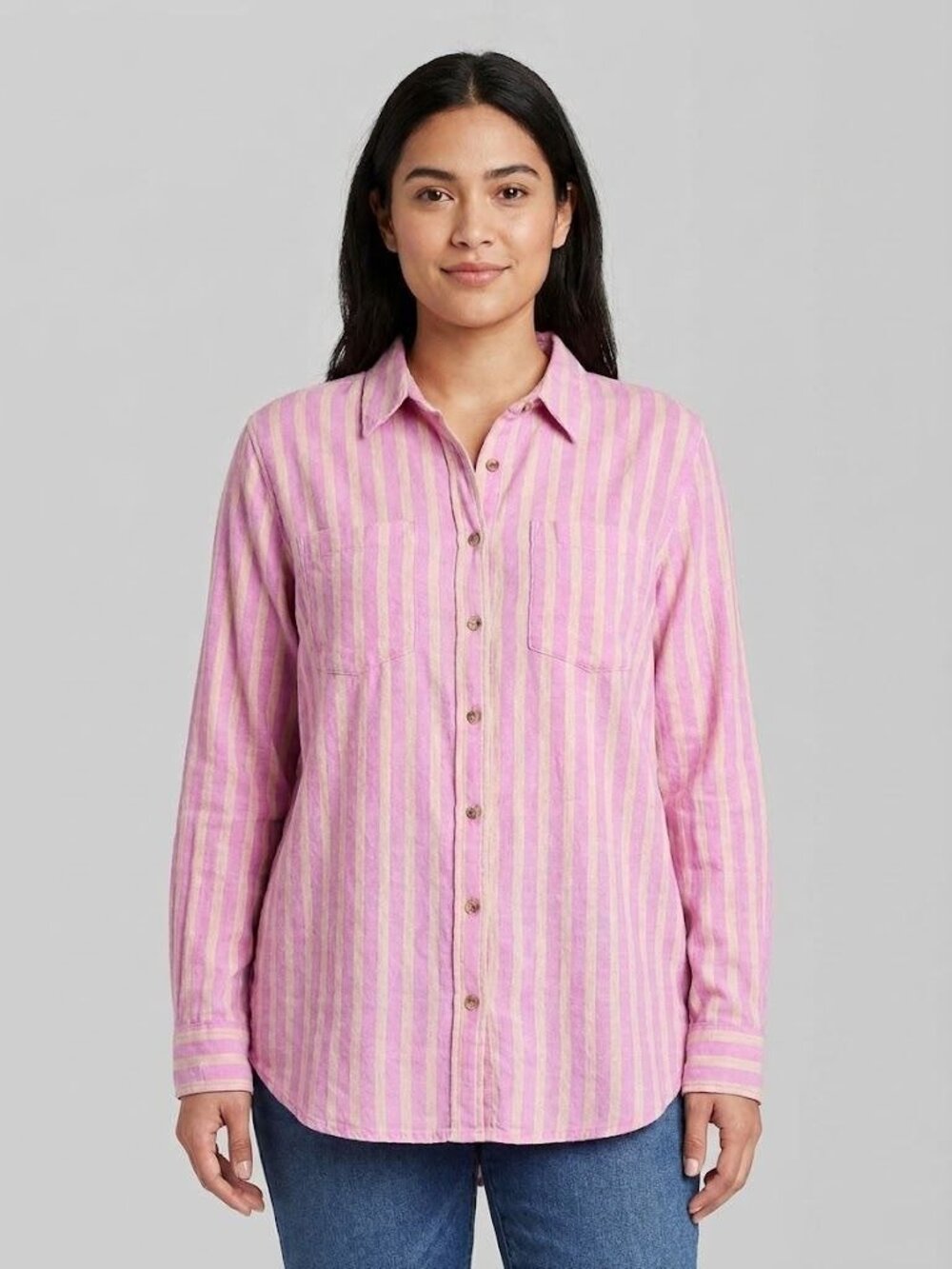 Universal Thread Pink & Beige Striped Linen Button-Up Shirt Relaxed Fit S NWT